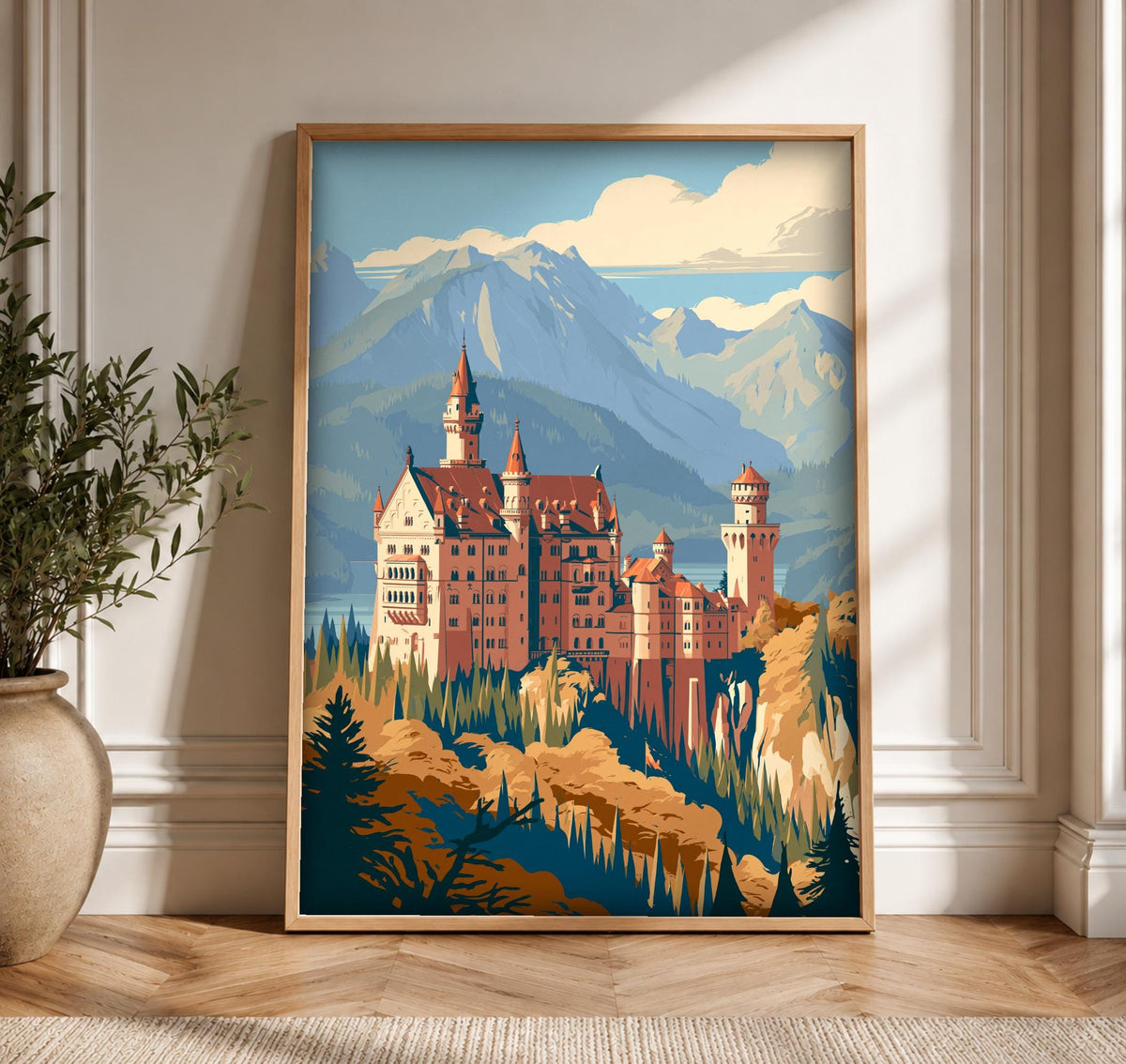 Retro Travel Poster, Neuschwanstein Castle, King Ludwig II Bavaria, Framed Unframed or Digital
