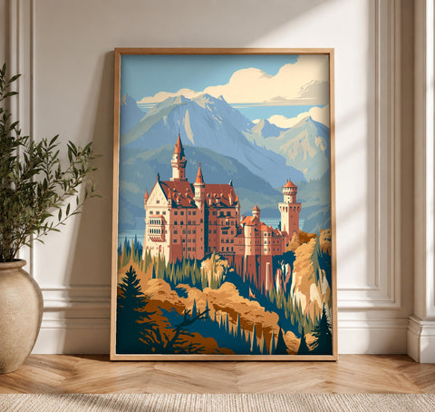 Retro Travel Poster, Neuschwanstein Castle, King Ludwig II Bavaria, Framed Unframed or Digital