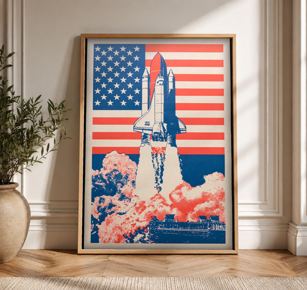Patriotic Wall Art, Space Shuttle Launch, American Flag Print, Framed Unframed or Digital