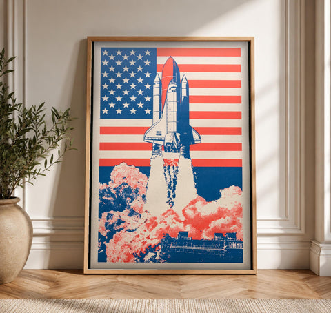 Patriotic Wall Art, Space Shuttle Launch, American Flag Print, Framed Unframed or Digital