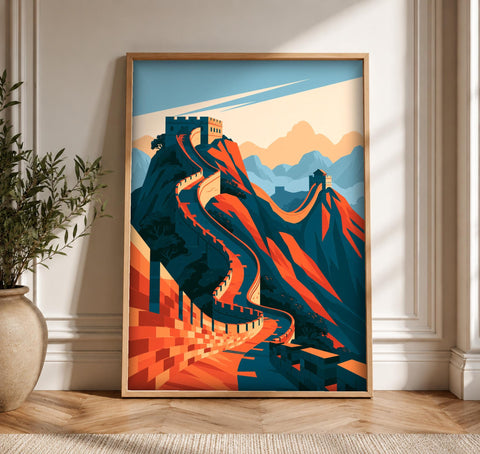 Great Wall China Art, Ming Dynasty Travel Poster, Framed Unframed or Digital