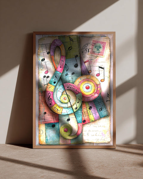 Retro Wall Art, Music Collage Print, Treble Clef Poster, Framed Unframed or Digital