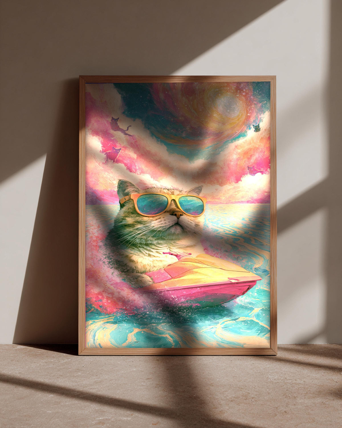Funny Cat Poster, Jet Ski Sunglasses Print, Retro Decor, Framed Unframed or Digital
