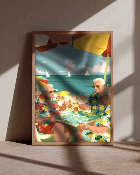 Retro Wall Art, Beach Domino Scene, Vintage Summer Poster, Framed Unframed or Digital