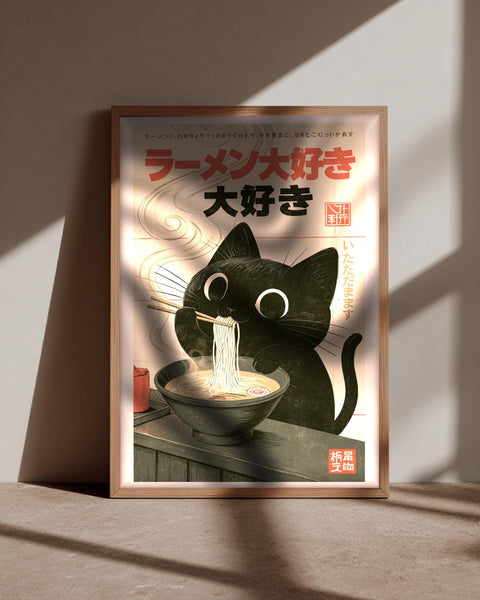 Black Cat Wall Art, Ramen Ukiyo-e Print, Japanese Poster, Framed Unframed or Digital