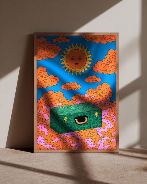 Retro Wall Art, Psychedelic Sun Print, Celestial Clouds Trunk, Framed Unframed or Digital