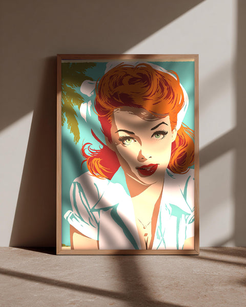 Retro Wall Art, Vintage Redhead Portrait, Pin-Up Poster, Framed Unframed or Digital