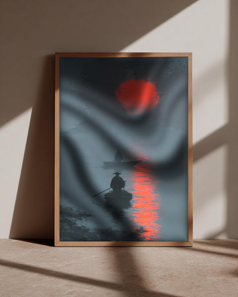 Asian River Art, Ancient Chinese Fishermen, Misty Ink Decor, Framed Unframed or Digital