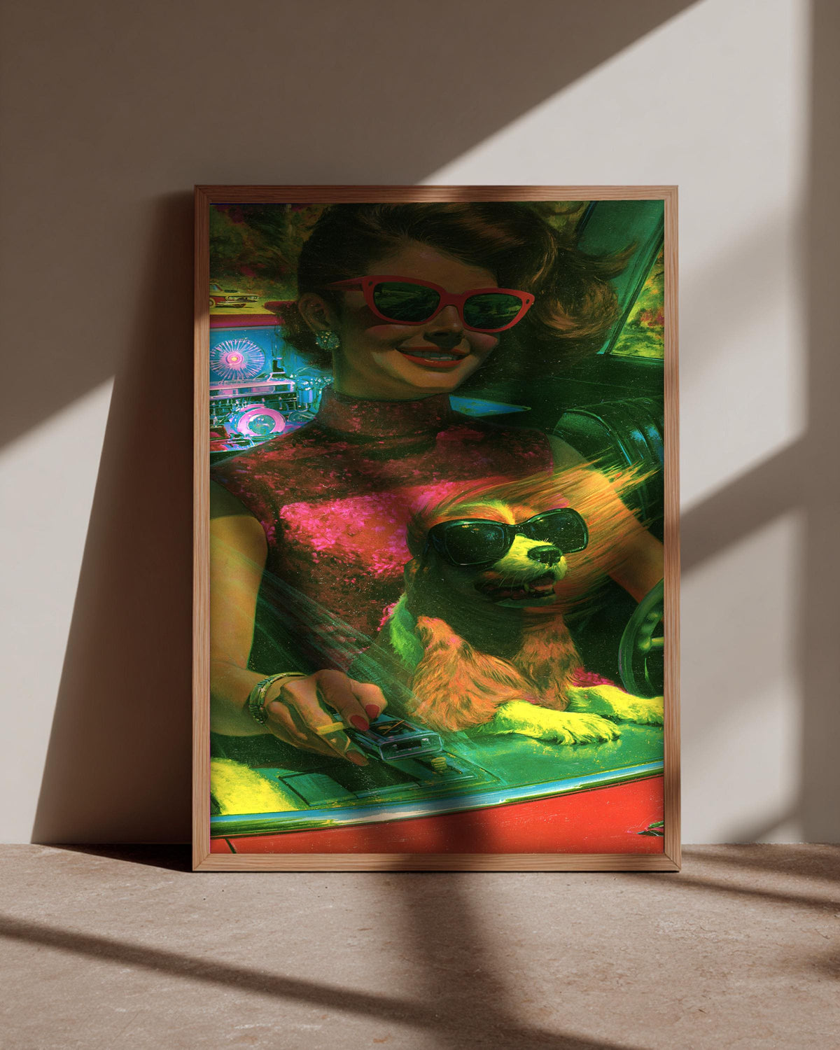 Retro Wall Art, Vintage Driving Lady Dog Print, Framed Unframed or Digital