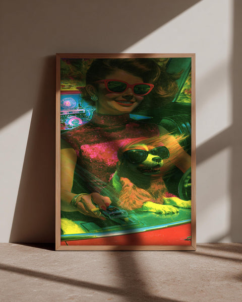 Retro Wall Art, Vintage Driving Lady Dog Print, Framed Unframed or Digital