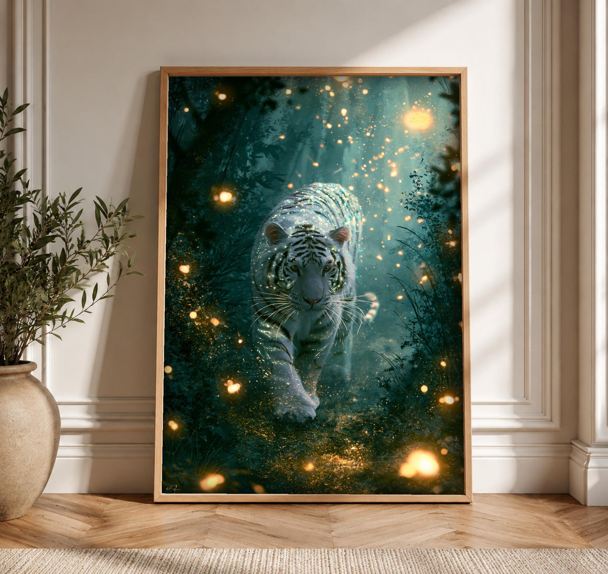 Enchanted Forest Art, White Tiger Print, Magical Woodland, Framed Unframed or Digital