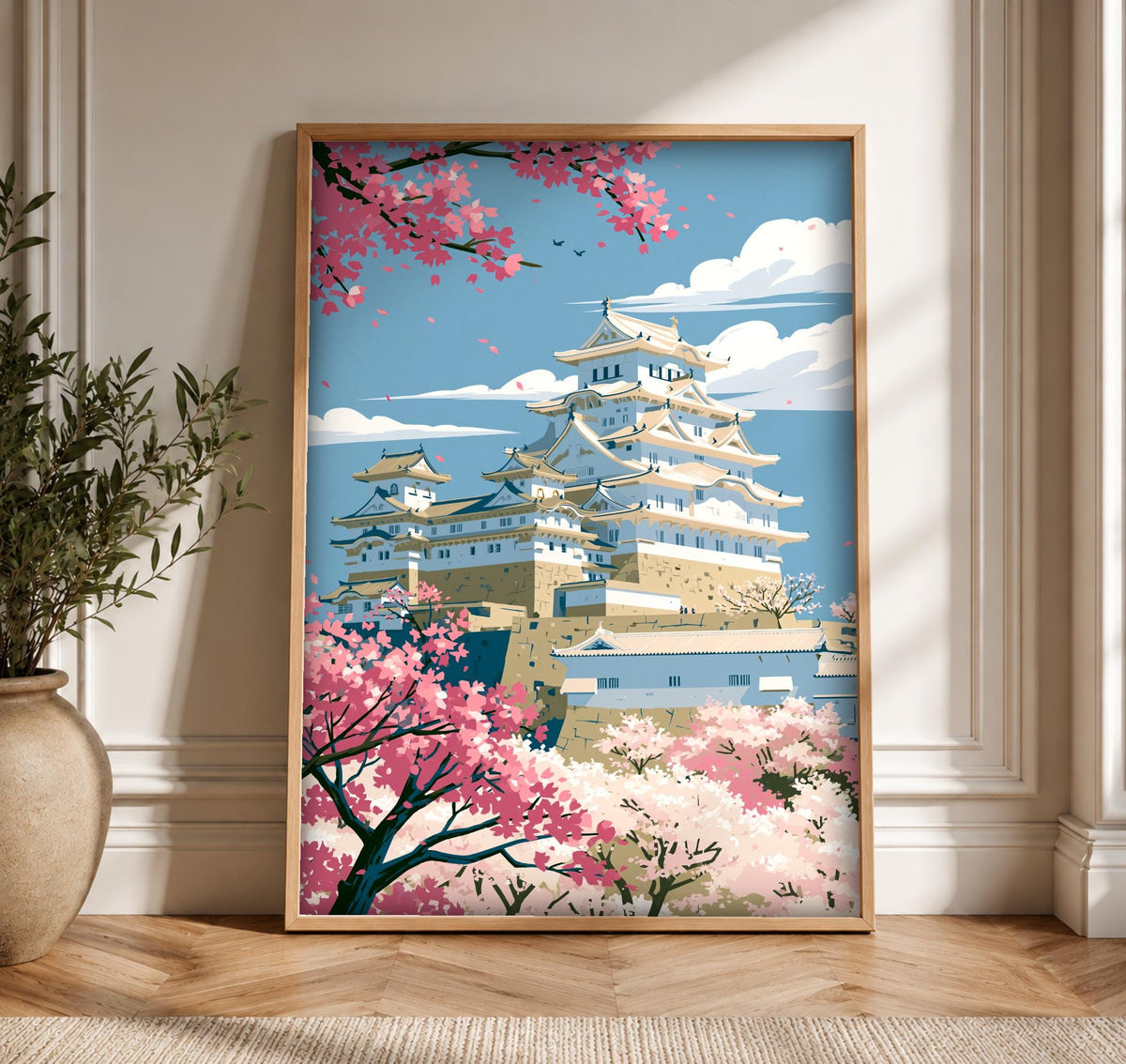 Japan Travel Poster, Himeji Castle Sakura, Cherry Blossom Print, Framed Unframed or Digital