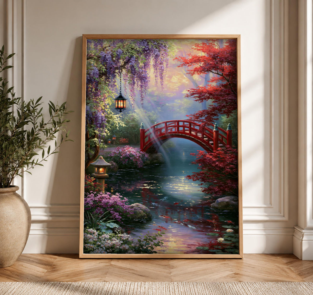Enchanted Forest Art, Japanese Garden Bridge, Koi Pond Decor, Framed Unframed or Digital