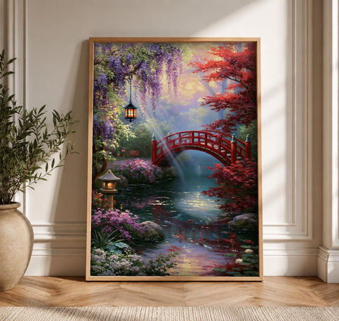 Enchanted Forest Art, Japanese Garden Bridge, Koi Pond Decor, Framed Unframed or Digital
