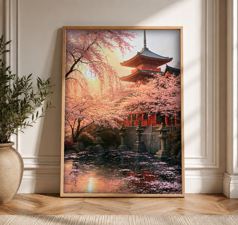 Japanese Temple Art, Sakura Pagoda Kyoto Decor, Framed Unframed or Digital