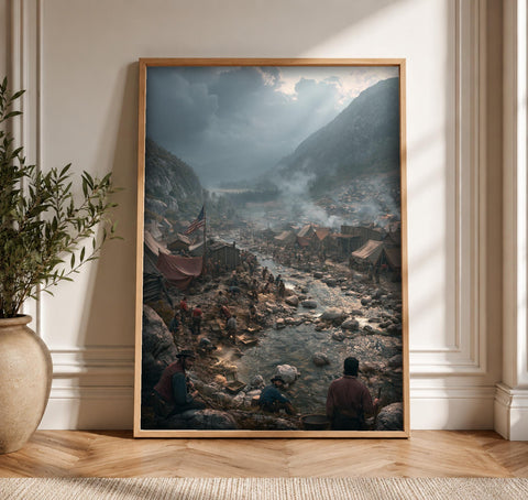 Gold Rush Wall Art, California 1849 Mining Camp Print, Framed Unframed or Digital