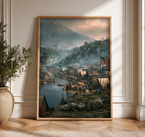 Gold Rush Wall Art, California 1849 Mining Camp Print, Framed Unframed or Digital