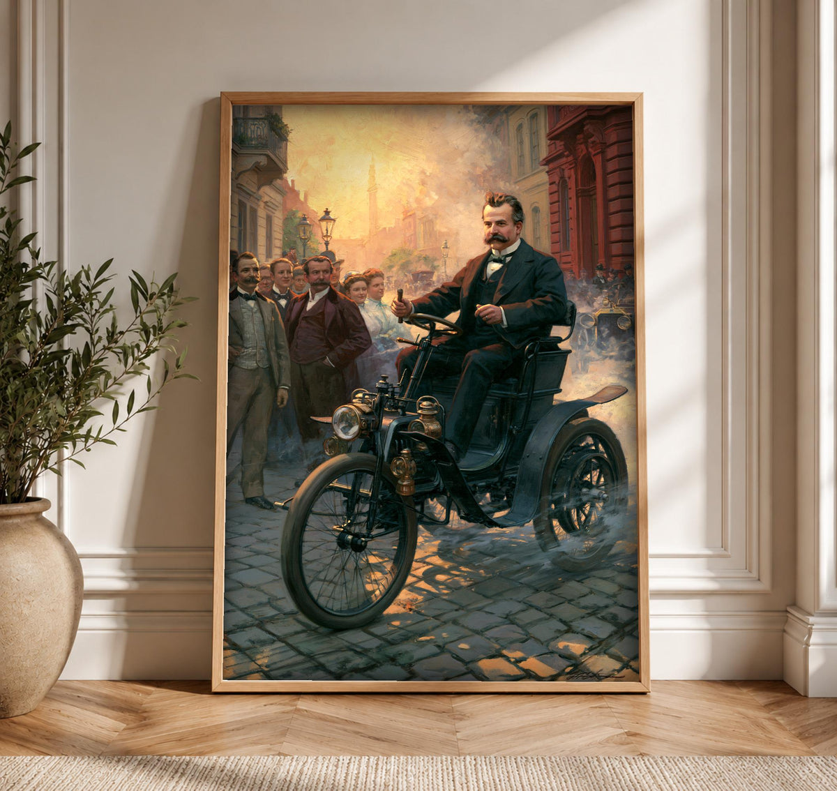 Early Motoring Art, Victorian Pioneer Print, Historic Street Scene, Framed Unframed or Digital