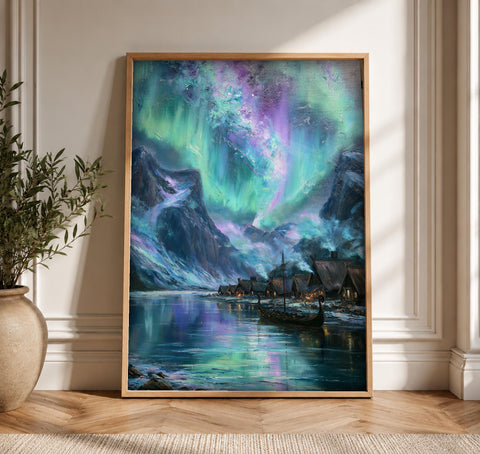 Viking Longship Art, Norse Fjord Aurora Print, Framed Unframed or Digital