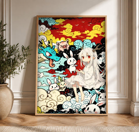 Dragon Wall Art, Chinese Mythology Print, Zodiac Spirit Poster, Framed Unframed or Digital