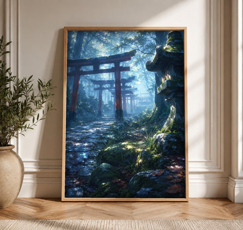 Enchanted Forest Art, Japanese Shinto Torii Gate, Woodland Wall, Framed Unframed or Digital