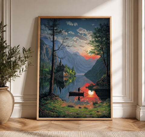 Enchanted Forest Art, Gothic Lake Castle, Dark Fantasy Print, Framed Unframed or Digital