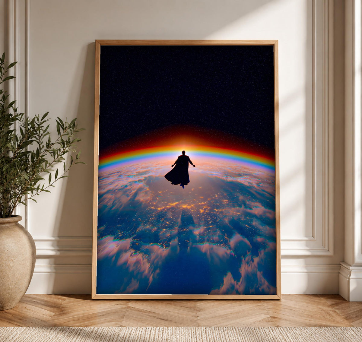 Fantasy Wall Art, Hero Soaring Above Earth, Gamer Gift, Framed Unframed or Digital