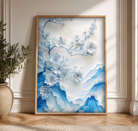 Blue White Wall Art, Ming Dynasty Blossom, Porcelain Print, Framed Unframed or Digital
