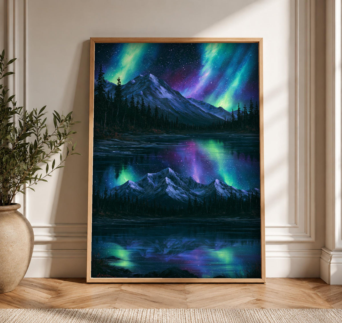 Enchanted Forest Art, Aurora Night Sky Mountain Lake, Framed Unframed or Digital