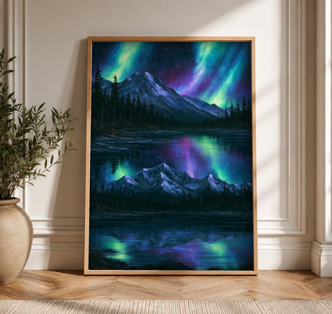 Enchanted Forest Art, Aurora Night Sky Mountain Lake, Framed Unframed or Digital