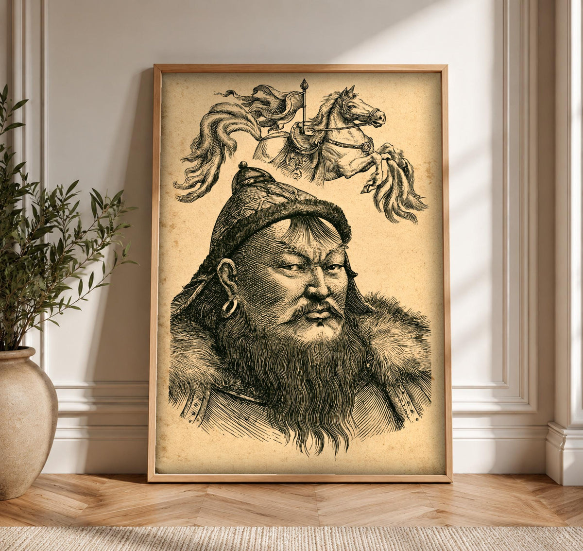 Mongol Khan Portrait, Genghis Khan Engraving, Historic Wall Decor, Framed Unframed or Digital