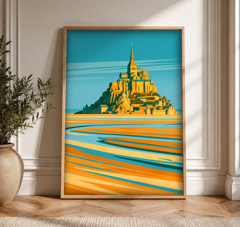 Mont Saint Michel Art, Normandy Abbey Retro Travel Poster, Framed Unframed or Digital