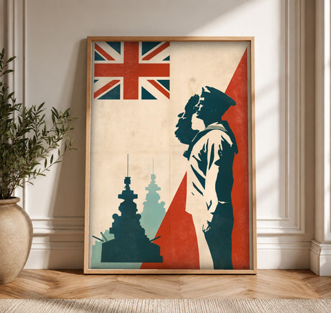Royal Navy Wall Art, British Sailor Salute, Vintage Warship Print, Framed Unframed or Digital