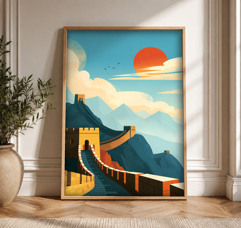 Great Wall China Art, Retro Travel Poster, Framed Unframed or Digital