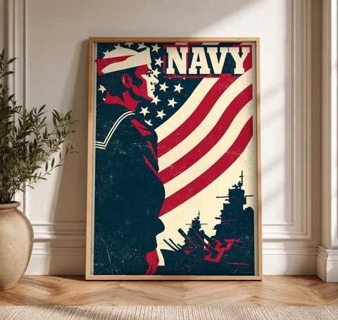Patriotic Wall Art, US Navy Sailor Battleship Print, Framed Unframed or Digital