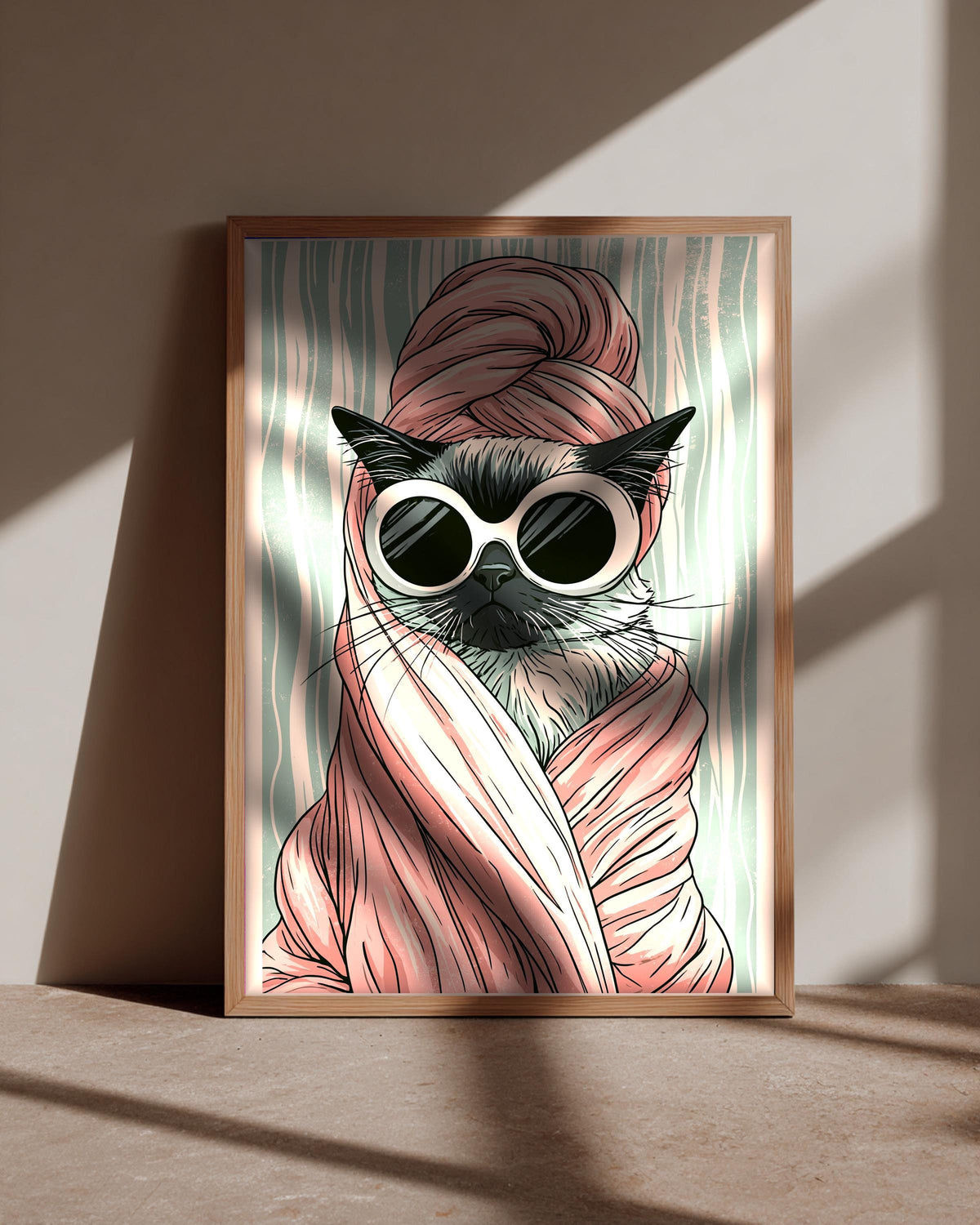 Funny Cat Poster, Siamese Spa Towel, Retro Chic Print, Framed Unframed or Digital