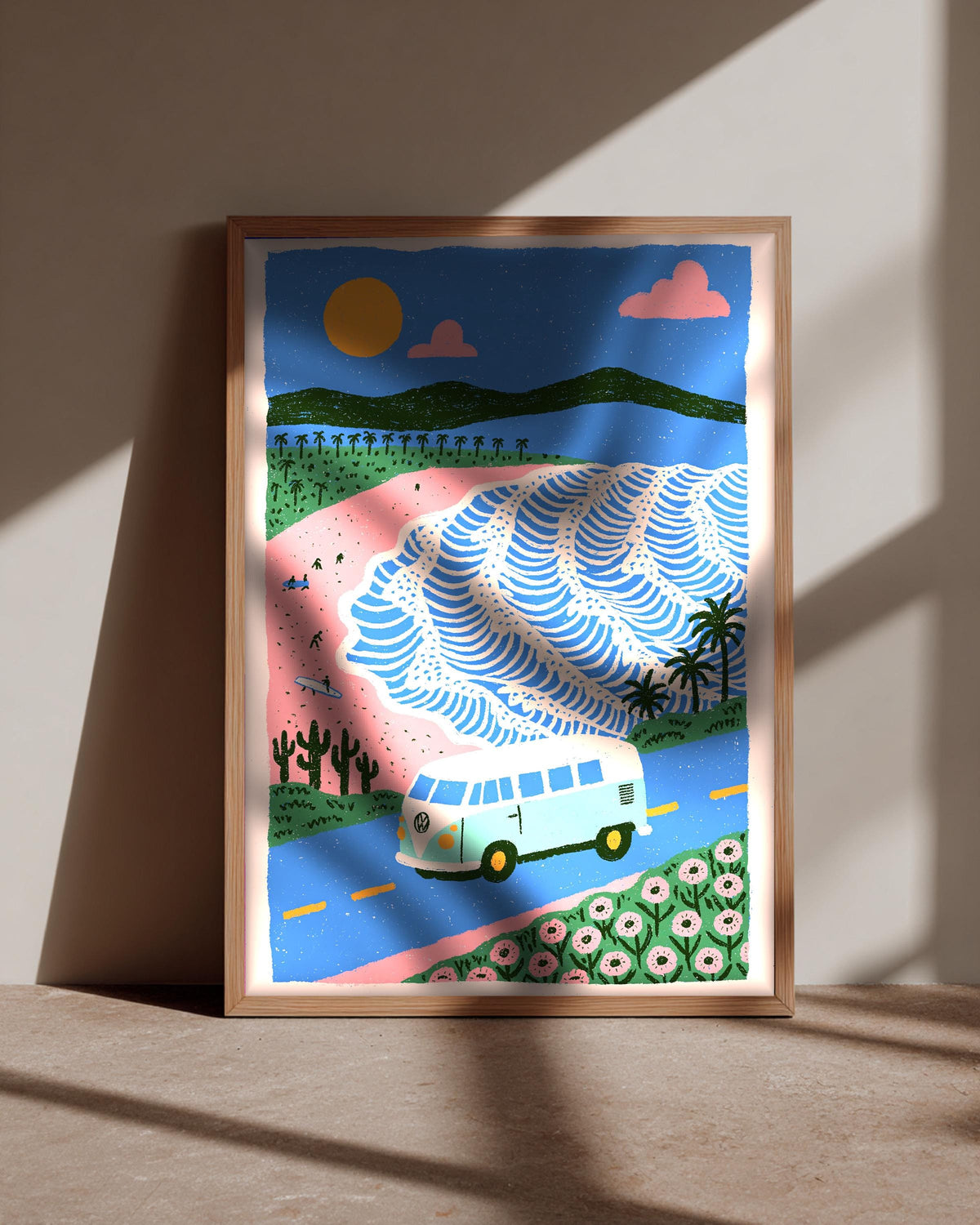 Retro Travel Poster, VW Bus Surf Print, Beach Decor, Framed Unframed or Digital