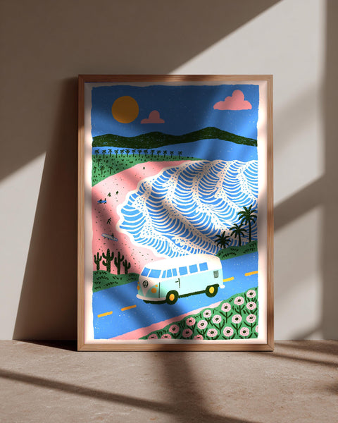 Retro Travel Poster, VW Bus Surf Print, Beach Decor, Framed Unframed or Digital