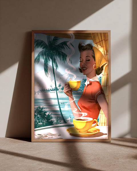 retro coffee art, Tropical Café Scene, vintage wall decor, Framed Unframed or Digital