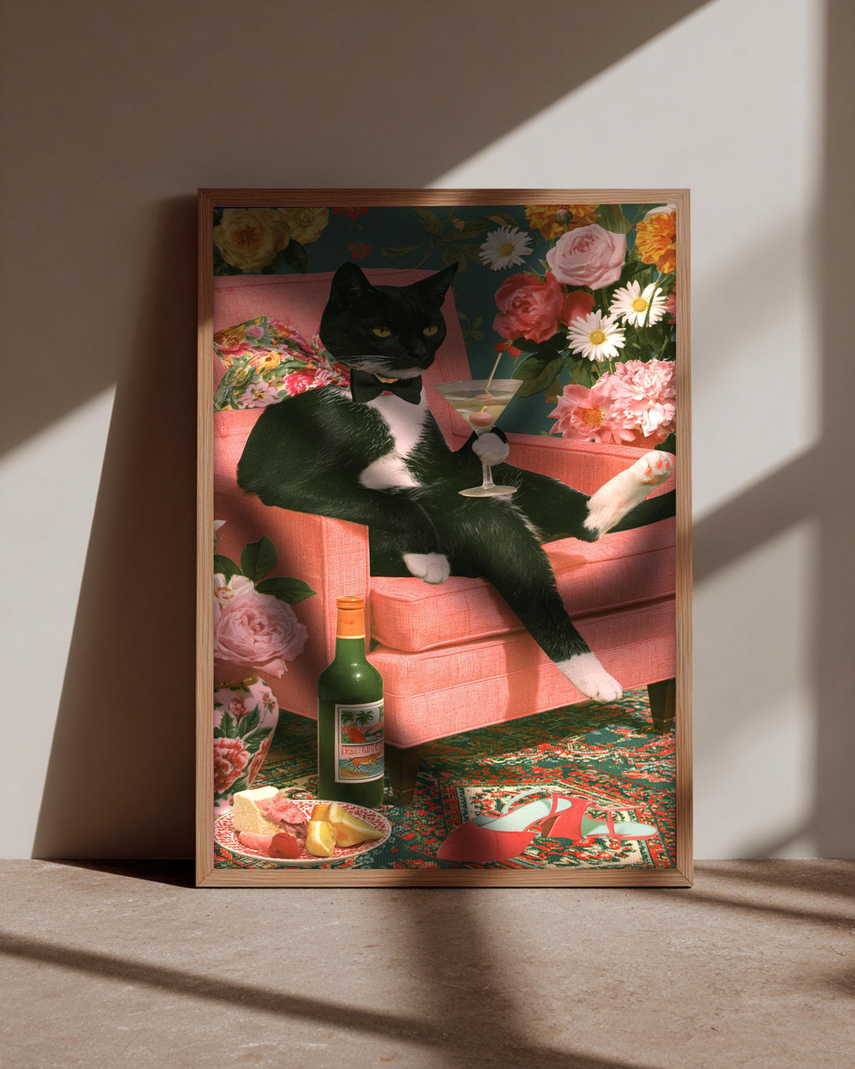 Black Cat Wall Art, Tuxedo Martini Lounge Print, Retro Decor, Framed Unframed or Digital