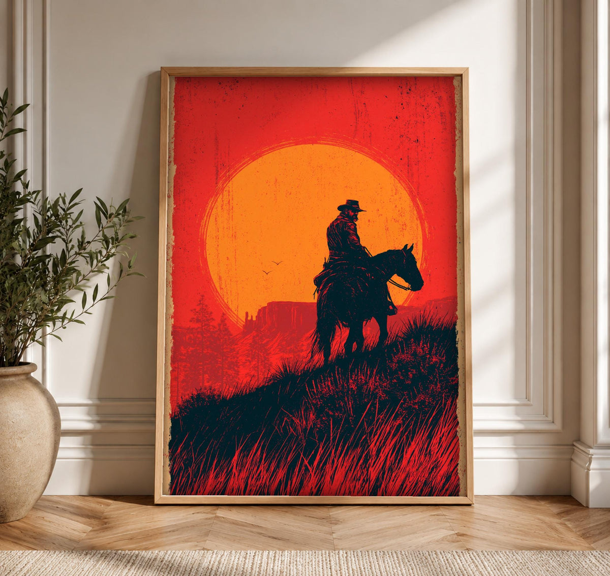Retro Wall Art, Frontier Cowboy Sunset, Americana Western Print, Framed Unframed or Digital