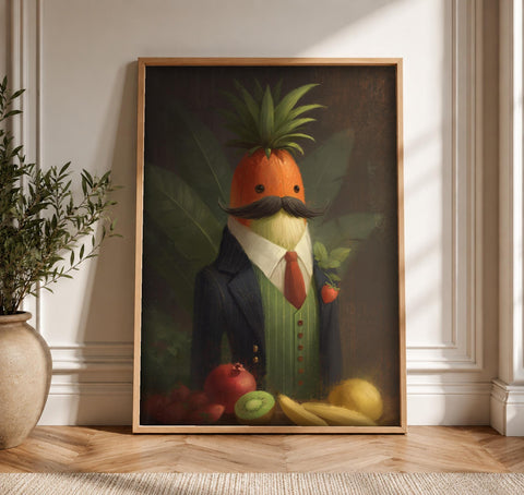 Dark Academia Art, Pineapple Gentleman Portrait, Funny Poster, Framed Unframed or Digital