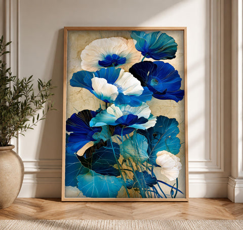 Botanical Art, Blue Poppy Floral Print, Vibrant Garden Decor, Framed Unframed or Digital
