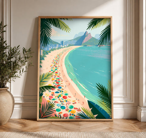 Retro Travel Poster, Rio de Janeiro Beach, Coastal Decor, Framed Unframed or Digital