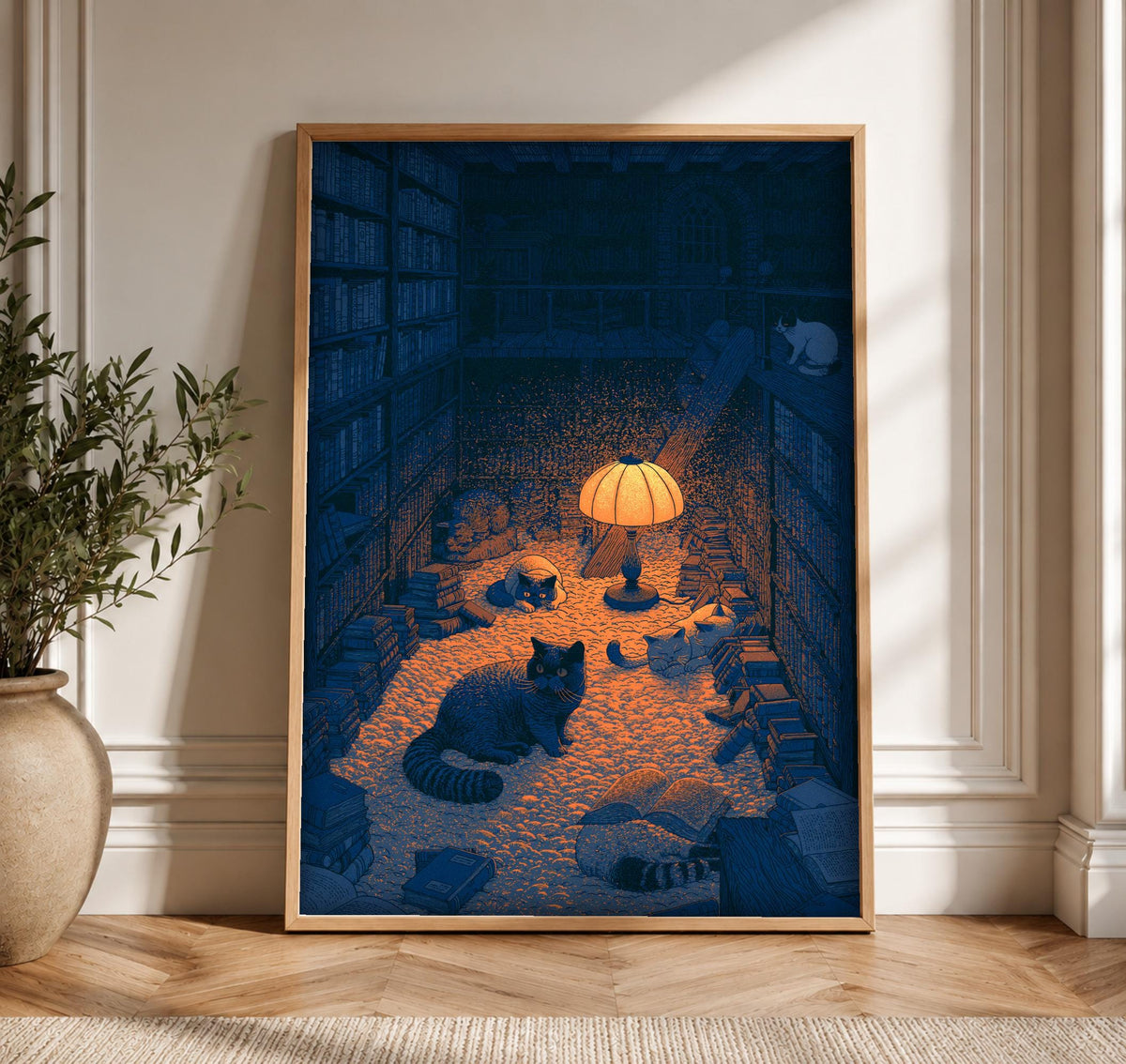 Black Cat Wall Art, Moody Bookshelf Scene, Gothic Decor, Framed Unframed or Digital