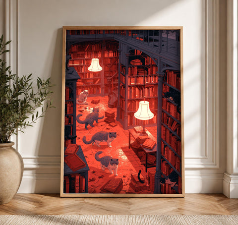 Gothic Cat Wall Art, Enchanted Library Print, Framed Unframed or Digital