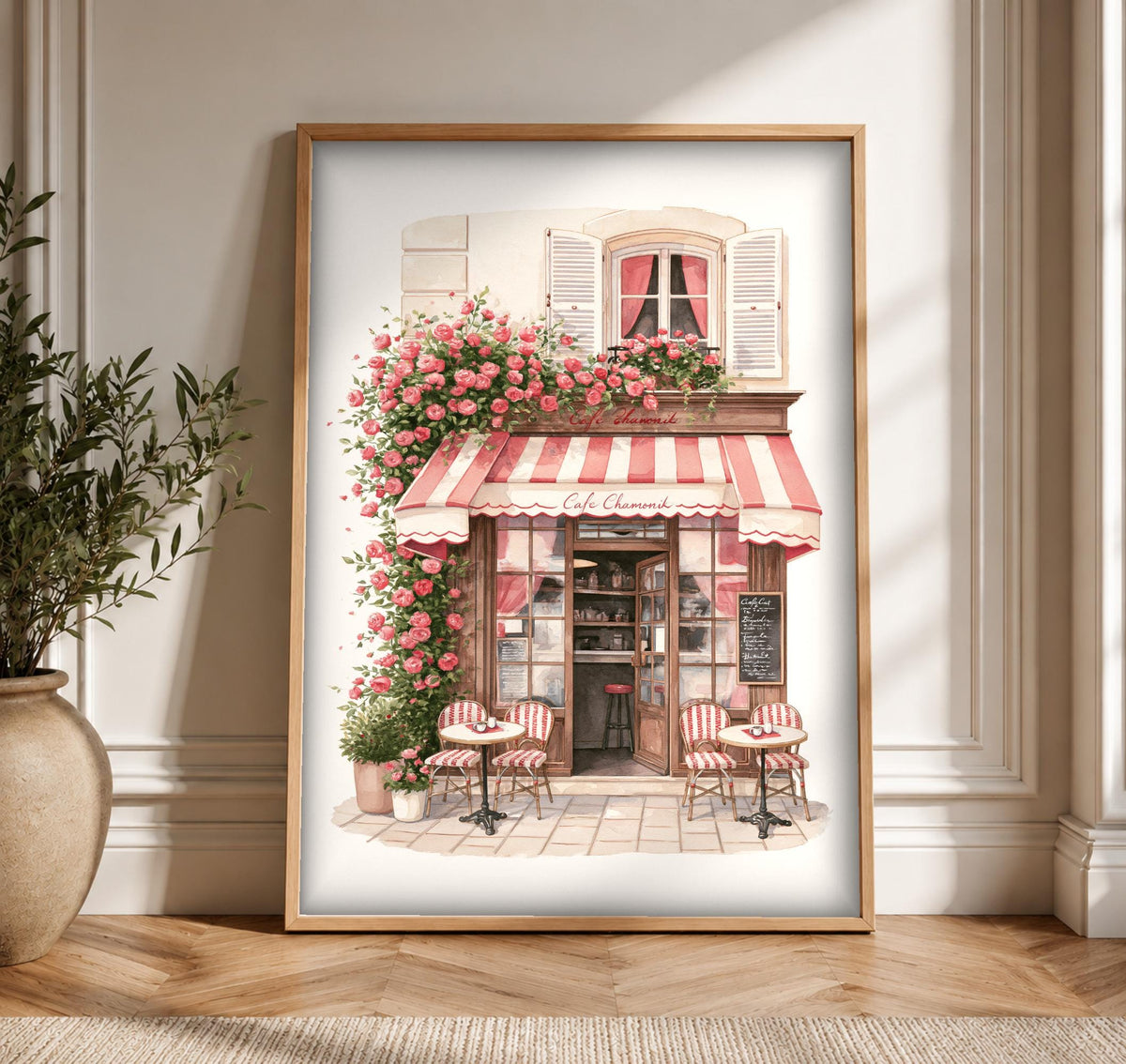 Paris Wall Art, French Cafe Print, Bistro Roses Poster, Framed Unframed or Digital