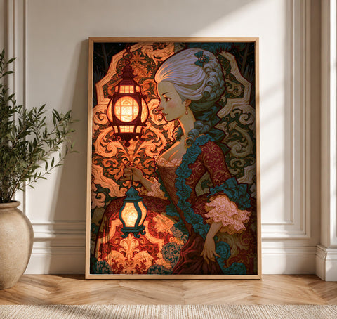 dark academia art, Baroque Noblewoman Portrait, Rococo Lantern Print, Framed Unframed or Digital