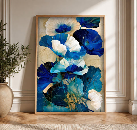 Botanical Art, Blue Poppy Floral Painting, Vintage Wall Decor, Framed Unframed or Digital