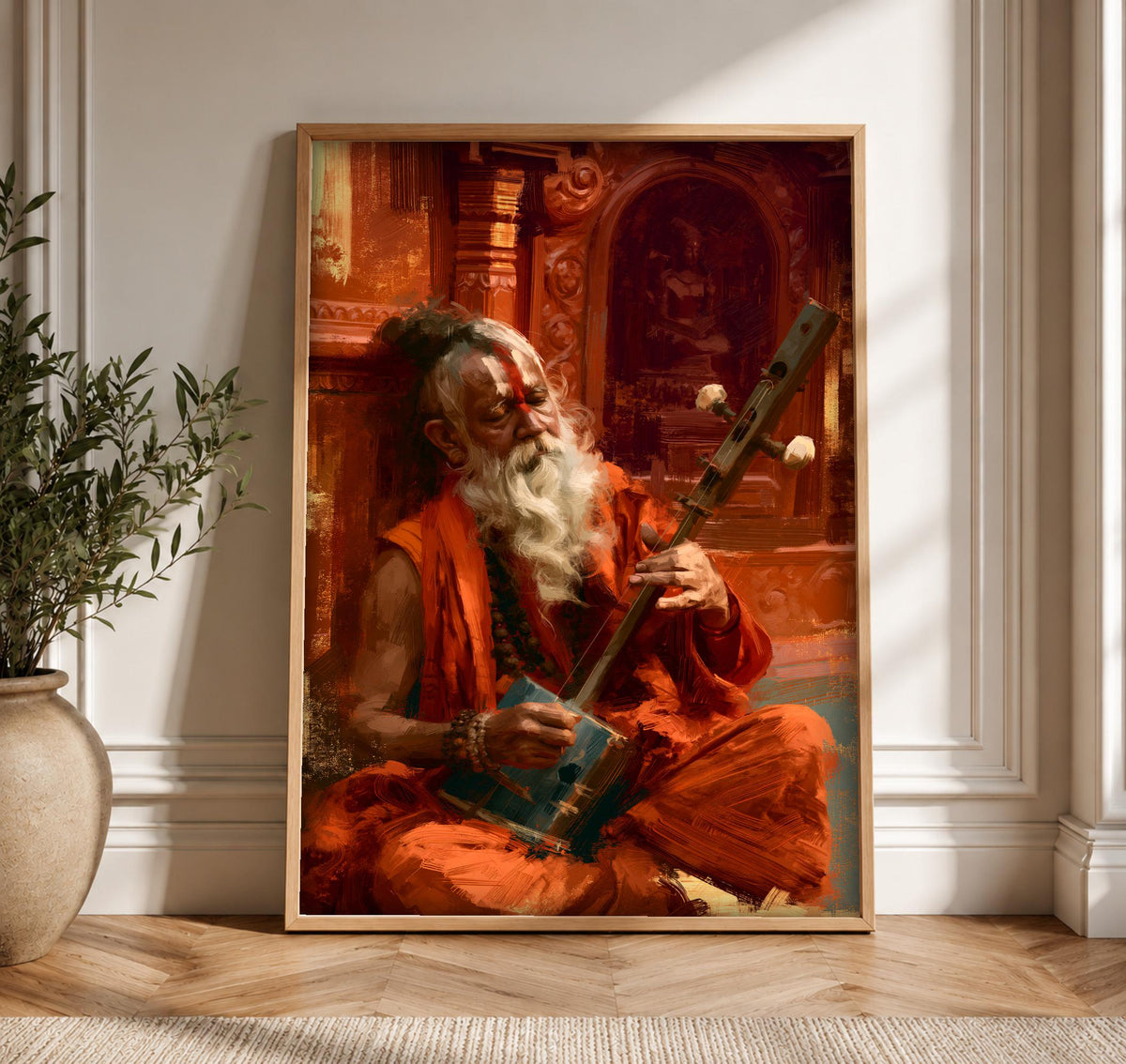 Spiritual Wall Art, Hindu Sadhu Painting, Indian Temple Decor, Framed Unframed or Digital